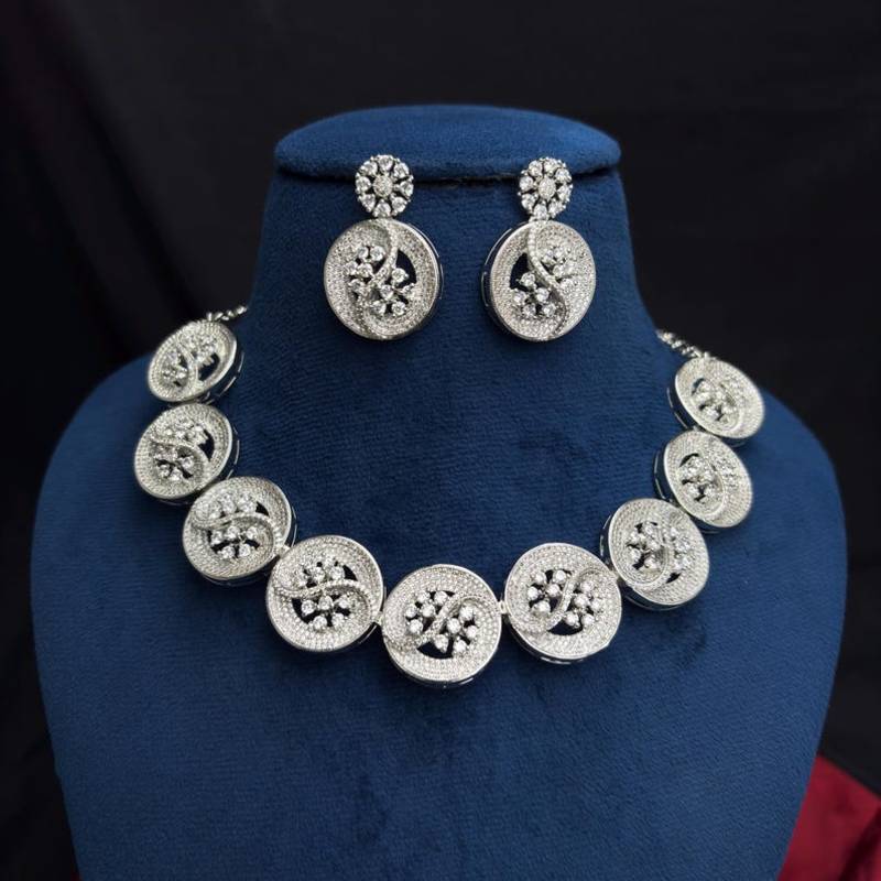Silver CZ Statement Necklace Set, Round Floral Disc, Matching Drop Earrings, Bridal Party Jewelry
