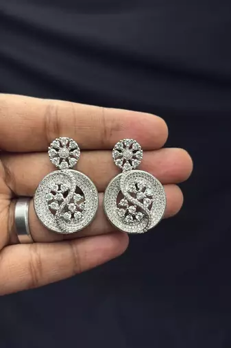 Silver CZ Statement Necklace Set, Round Floral Disc, Matching Drop Earrings, Bridal Party Jewelry