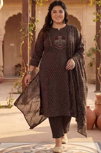 Plus Size Black Printed Straight Kurta Trousers With Dupatta Set