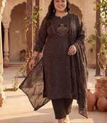 Plus Size Black Printed Straight Kurta Trousers With Dupatta Set