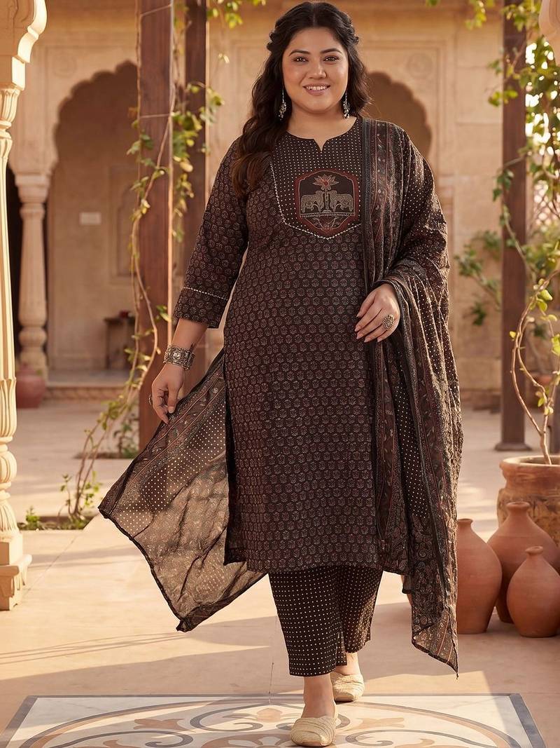 Plus Size Black Printed Straight Kurta Trousers With Dupatta Set