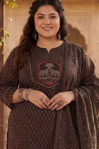 Plus Size Black Printed Straight Kurta Trousers With Dupatta Set