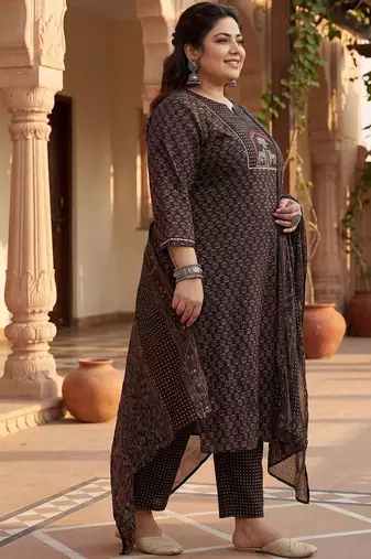 Plus Size Black Printed Straight Kurta Trousers With Dupatta Set