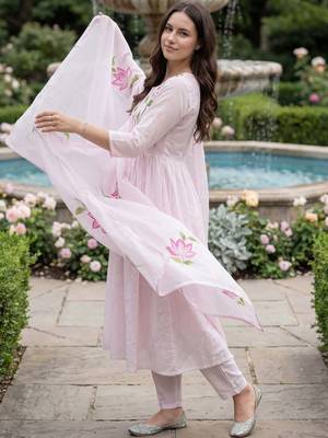 Women Floral Printed Regular Pure Cotton Kurta with Trousers & With Dupatta 7