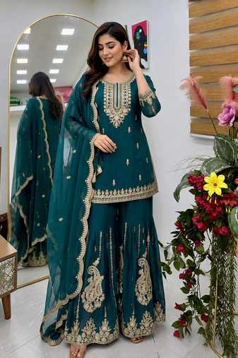 teal color cording embroidery sequin work faux georgette kurti sharara set