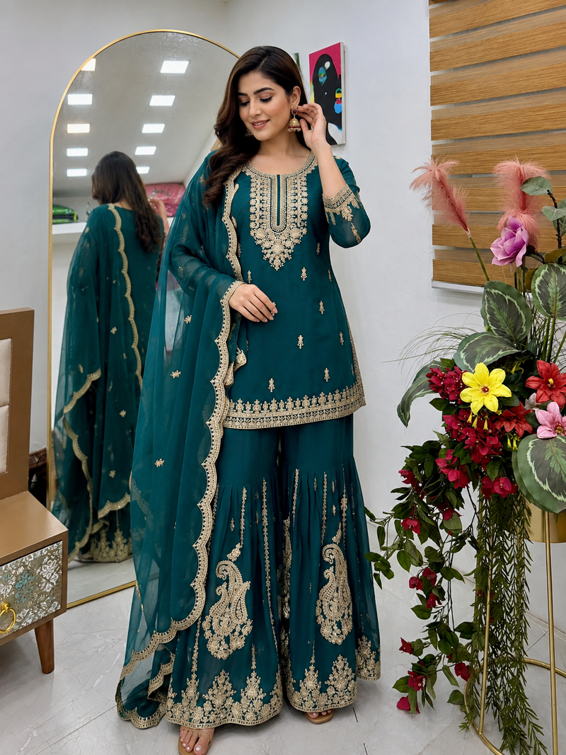 teal color cording embroidery sequin work faux georgette kurti sharara set