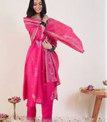 Floral Embroidered Regular Thread Work Straight Kurta With Trousers & Dupatta