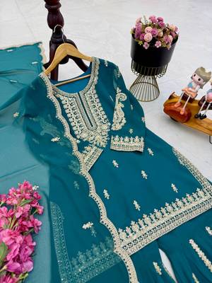 teal color cording embroidery sequin work faux georgette kurti sharara set 2