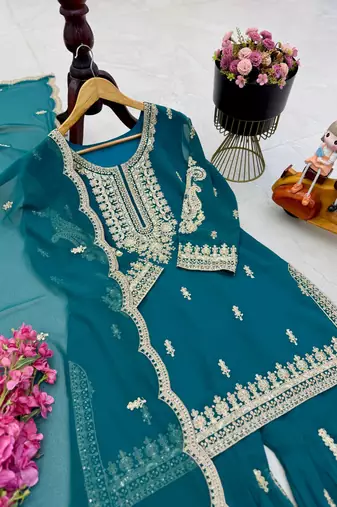 teal color cording embroidery sequin work faux georgette kurti sharara set