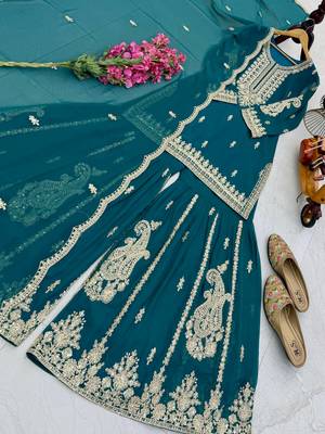 teal color cording embroidery sequin work faux georgette kurti sharara set 5