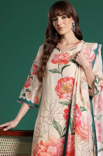 Floral Printed Kurta with Trousers & Dupatta