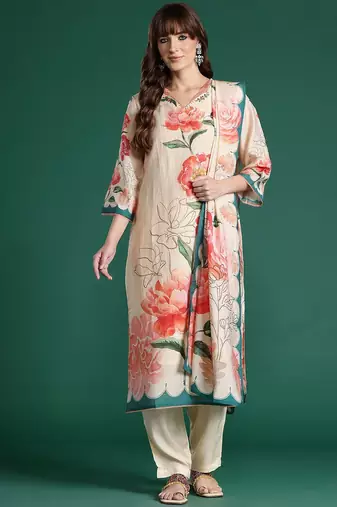 Floral Printed Kurta with Trousers & Dupatta