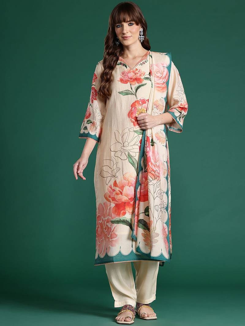 Floral Printed Kurta with Trousers & Dupatta