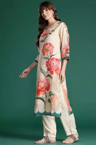 Floral Printed Kurta with Trousers & Dupatta