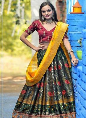 Green Embroidered Banarasi Silk Blend Semi Stitched Lehenga Choli 1