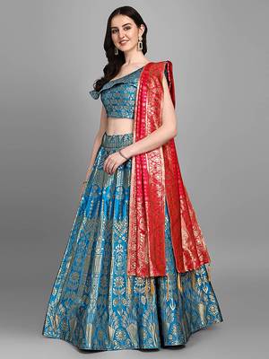 Turquoise Jacquard Woven Mehendi Lehenga Choli 1