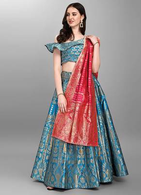 Turquoise Jacquard Woven Mehendi Lehenga Choli 2