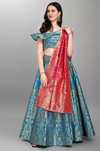 Turquoise Jacquard Woven Mehendi Lehenga Choli