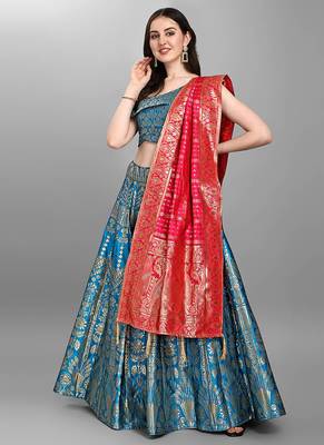 Turquoise Jacquard Woven Mehendi Lehenga Choli 3
