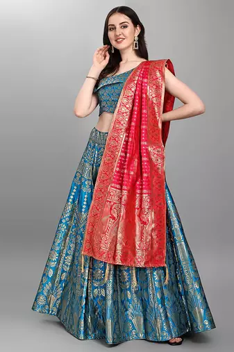 Turquoise Jacquard Woven Mehendi Lehenga Choli
