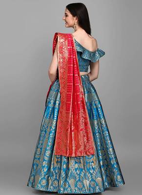 Turquoise Jacquard Woven Mehendi Lehenga Choli 4