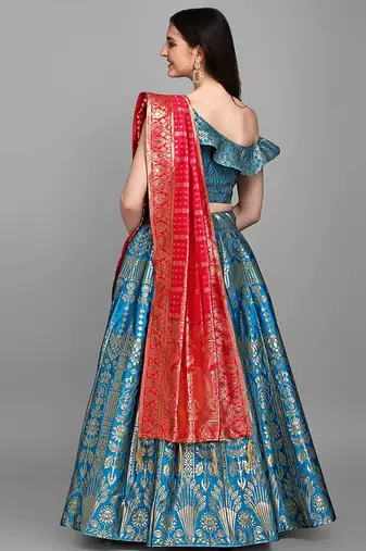 Turquoise Jacquard Woven Mehendi Lehenga Choli