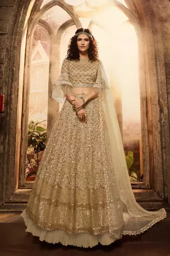 Beige Embroidered Net Semi Stitched Lehenga