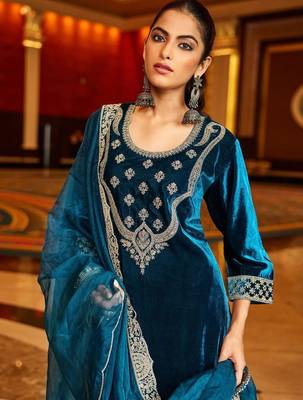 Women Ethnic Motifs Embroidered Regular Velvet Kurta with Trousers & With Dupatta 2