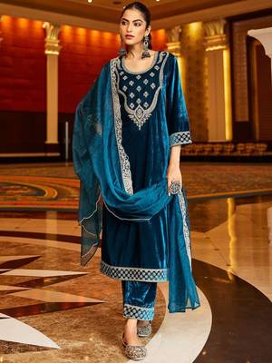 Women Ethnic Motifs Embroidered Regular Velvet Kurta with Trousers & With Dupatta 1