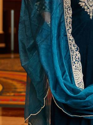 Women Ethnic Motifs Embroidered Regular Velvet Kurta with Trousers & With Dupatta 4