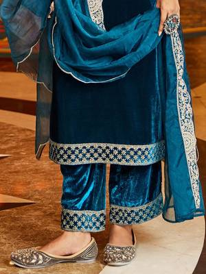 Women Ethnic Motifs Embroidered Regular Velvet Kurta with Trousers & With Dupatta 7