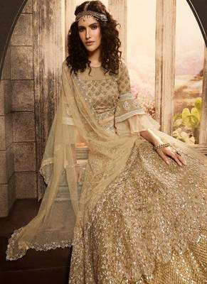 Beige Embroidered Net Semi Stitched Lehenga 3