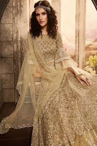Beige Embroidered Net Semi Stitched Lehenga
