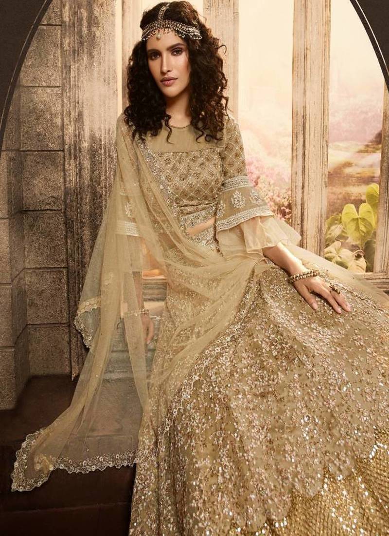 Beige Embroidered Net Semi Stitched Lehenga