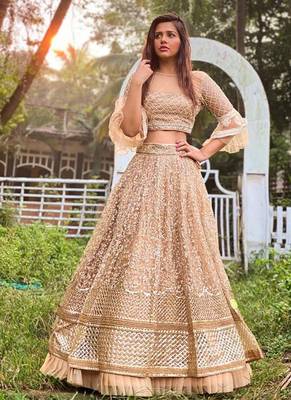 Beige Embroidered Net Semi Stitched Lehenga 4
