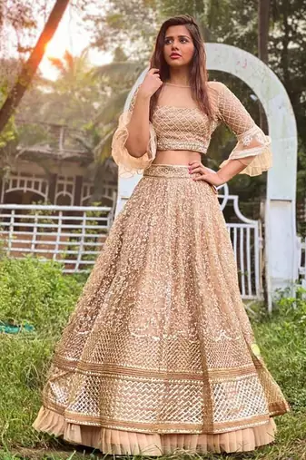 Beige Embroidered Net Semi Stitched Lehenga