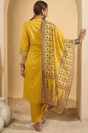 Women rinted Panelled Pure Cotton Kurta with Trousers & With Dupatta