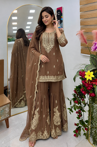 chiku color cording embroidery sequin work faux georgette kurti sharara set