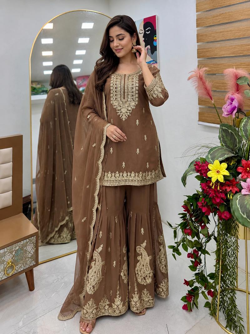 chiku color cording embroidery sequin work faux georgette kurti sharara set