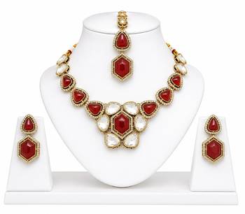 kundan ruby antique mehendi polish necklace set with earrings and maang tikka for bridal wedding jewelry 1