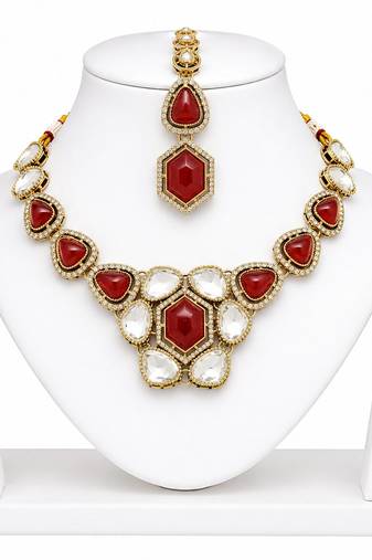 kundan ruby antique mehendi polish necklace set with earrings and maang tikka for bridal wedding jewelry