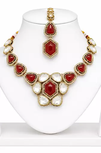 kundan ruby antique mehendi polish necklace set with earrings and maang tikka for bridal wedding jewelry