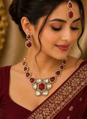 kundan ruby antique mehendi polish necklace set with earrings and maang tikka for bridal wedding jewelry 2