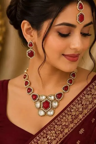 kundan ruby antique mehendi polish necklace set with earrings and maang tikka for bridal wedding jewelry