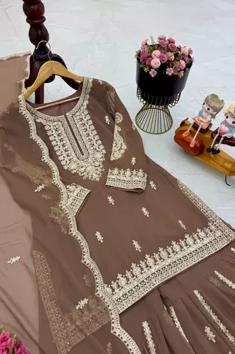 chiku color cording embroidery sequin work faux georgette kurti sharara set