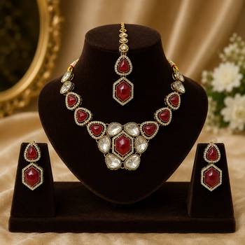 kundan ruby antique mehendi polish necklace set with earrings and maang tikka for bridal wedding jewelry 3