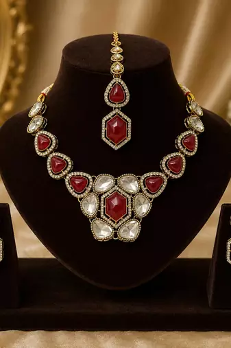 kundan ruby antique mehendi polish necklace set with earrings and maang tikka for bridal wedding jewelry