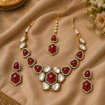 kundan ruby antique mehendi polish necklace set with earrings and maang tikka for bridal wedding jewelry 4