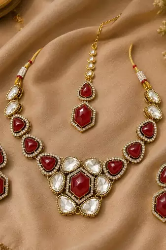 kundan ruby antique mehendi polish necklace set with earrings and maang tikka for bridal wedding jewelry