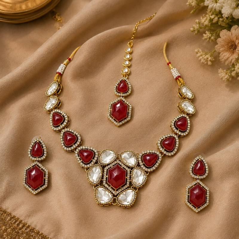 kundan ruby antique mehendi polish necklace set with earrings and maang tikka for bridal wedding jewelry